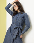Blue Shirt Collar Cuffed Sleeve Belted Pure Cotton Shirt Dress