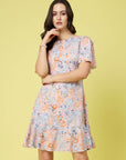 Blue Abstract Printed Round Neck Flared Sleeve Tiered A-Line Dress