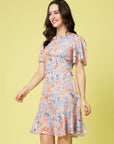 Blue Abstract Printed Round Neck Flared Sleeve Tiered A-Line Dress