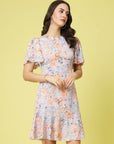 Blue Abstract Printed Round Neck Flared Sleeve Tiered A-Line Dress