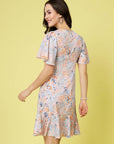 Blue Abstract Printed Round Neck Flared Sleeve Tiered A-Line Dress