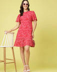 Pink Floral Printed Bell Sleeves A-Line Dress