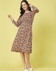 Black  Orange Floral Printed Puff Sleeves Smocked Detail Fit  Flare Dress