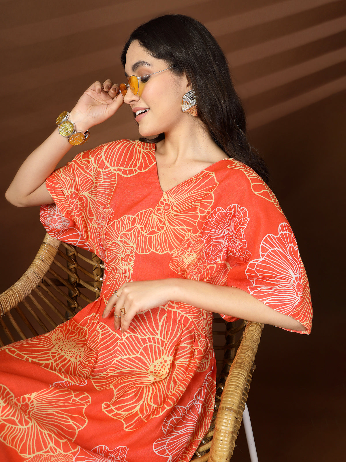 Orange Printed V-Neck Dress