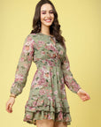 Olive Green Floral Printed Tie-Up Neck Layered Smocked Detail Fit  Flare Dress