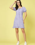 Purple Floral Printed Sweetheart Neck Puff Sleeve Gathered Tiered A-Line Dress