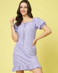 Purple Floral Printed Sweetheart Neck Puff Sleeve Gathered Tiered A-Line Dress