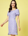Purple Floral Printed Sweetheart Neck Puff Sleeve Gathered Tiered A-Line Dress