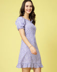 Purple Floral Printed Sweetheart Neck Puff Sleeve Gathered Tiered A-Line Dress