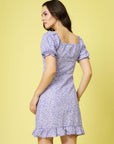 Purple Floral Printed Sweetheart Neck Puff Sleeve Gathered Tiered A-Line Dress