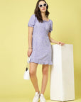 Purple Floral Printed Sweetheart Neck Puff Sleeve Gathered Tiered A-Line Dress