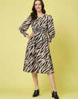 Brown  Black Animal Printed Puff Sleeves Smocked Detail Fit  Flare Dress