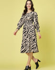 Brown  Black Animal Printed Puff Sleeves Smocked Detail Fit  Flare Dress