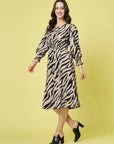 Brown  Black Animal Printed Puff Sleeves Smocked Detail Fit  Flare Dress