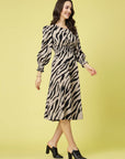 Brown  Black Animal Printed Puff Sleeves Smocked Detail Fit  Flare Dress