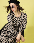 Brown  Black Animal Printed Puff Sleeves Smocked Detail Fit  Flare Dress