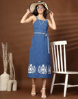 Blue Solid Self Design Shoulder Straps Dress