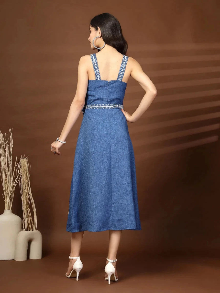 Blue Solid Self Design Shoulder Straps Dress