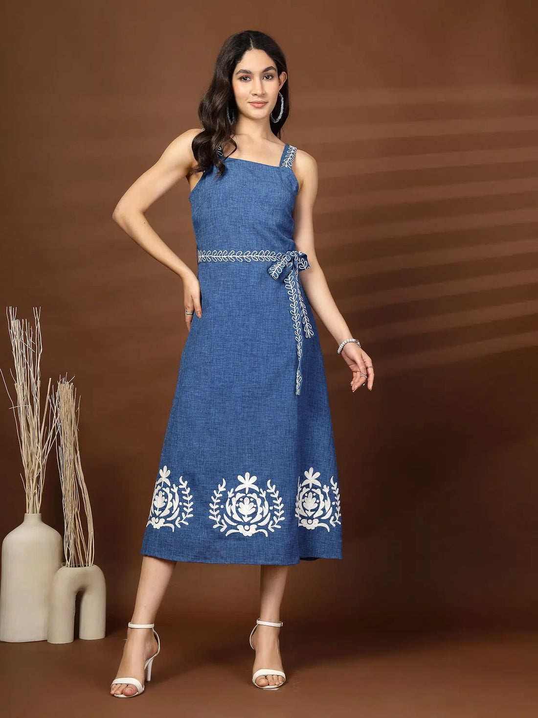 Blue Solid Self Design Shoulder Straps Dress