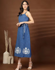 Blue Solid Self Design Shoulder Straps Dress