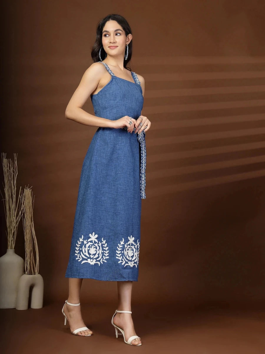 Blue Solid Self Design Shoulder Straps Dress