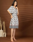 White & Black Abstract Print fit & flare V-Neck Dress