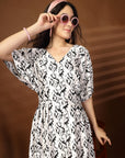 White & Black Abstract Print fit & flare V-Neck Dress