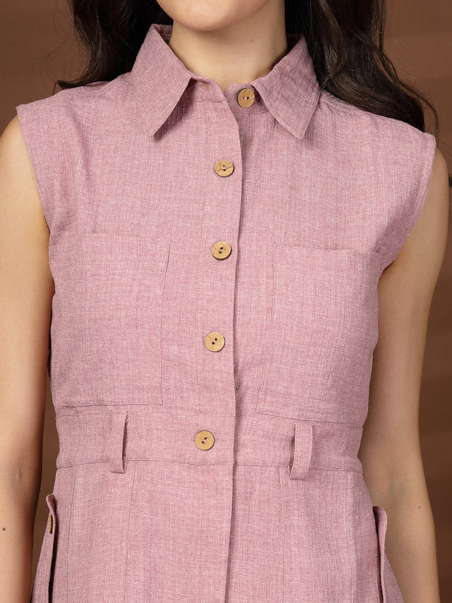 Peach Solid Shirt Collar Dress