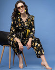 Black  Yellow Floral Printed Top and Trousers