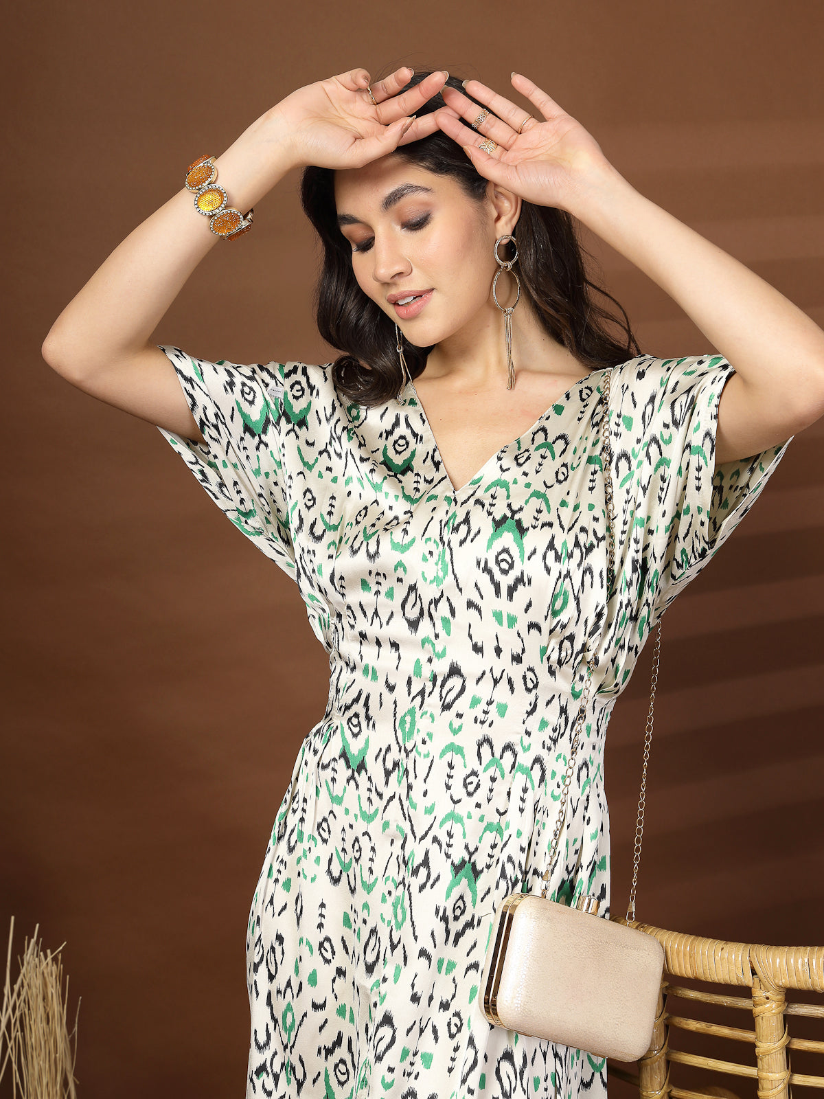 Off White Printed V-Neck Dress