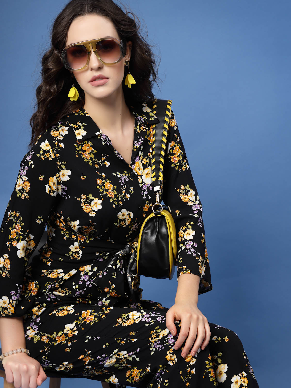 Black  Yellow Floral Printed Top and Trousers