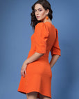 Orange V-Neck Puff Sleeves A-Line Mini Dress