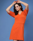 Orange V-Neck Puff Sleeves A-Line Mini Dress