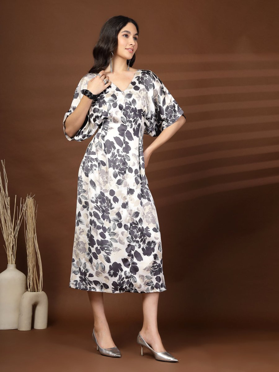 Black White Floral Print V-Neck Dress