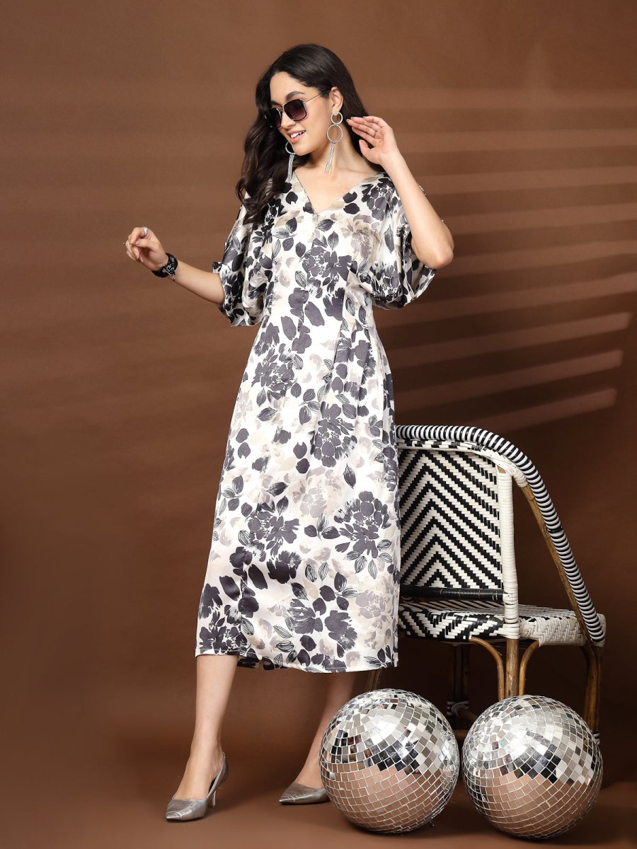 Black White Floral Print V-Neck Dress