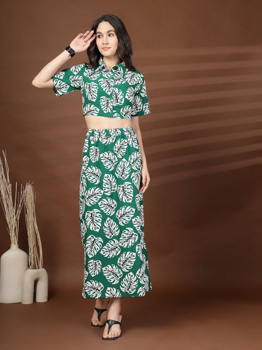 Green Printed Top With Skirt Co-Ords