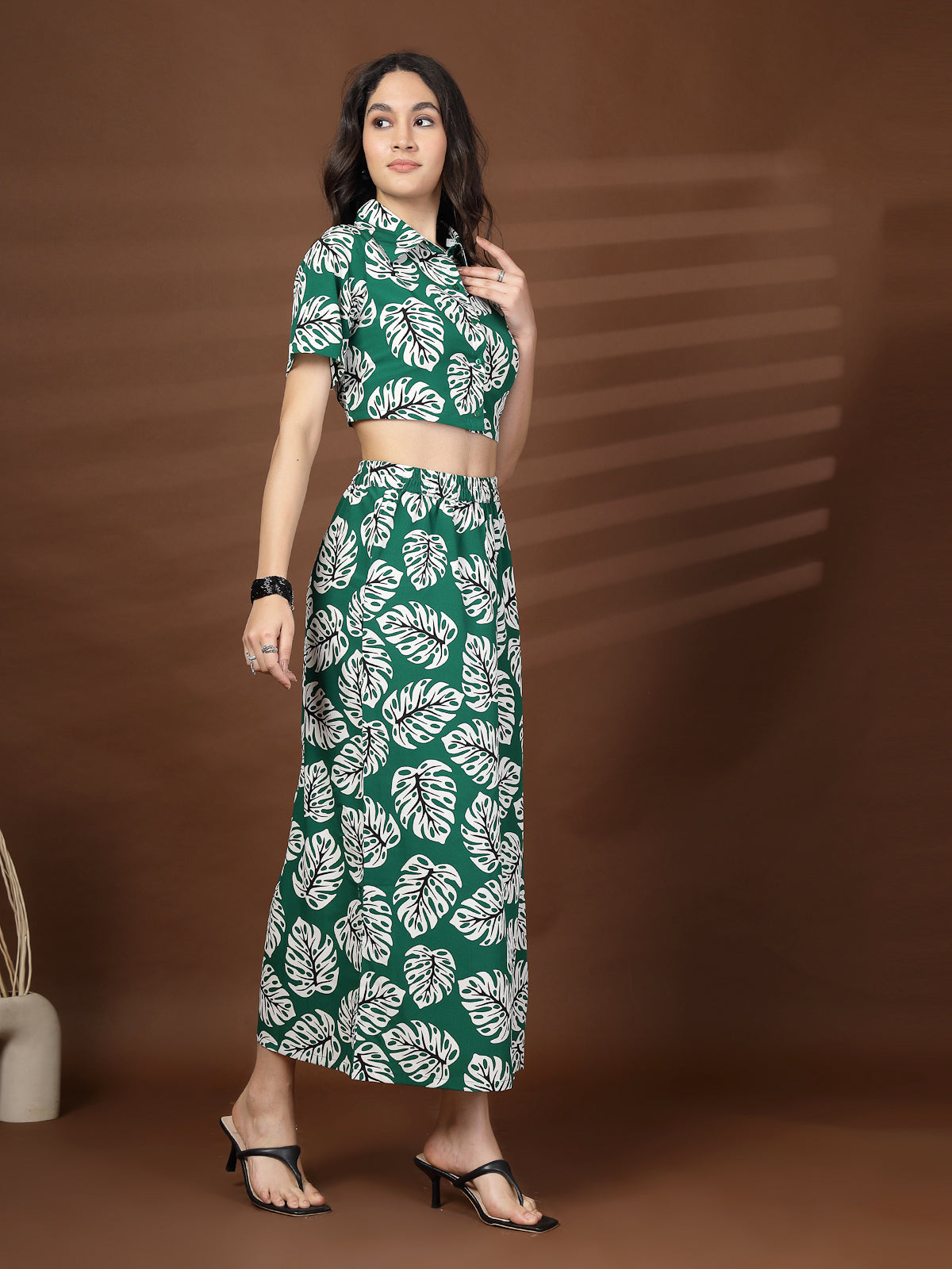 Green Printed Top With Skirt Co-Ords