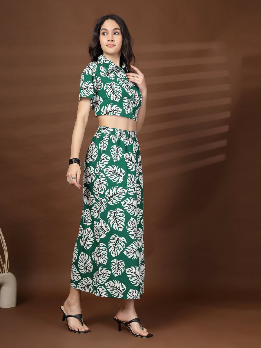 Green Printed Top With Skirt Co-Ords