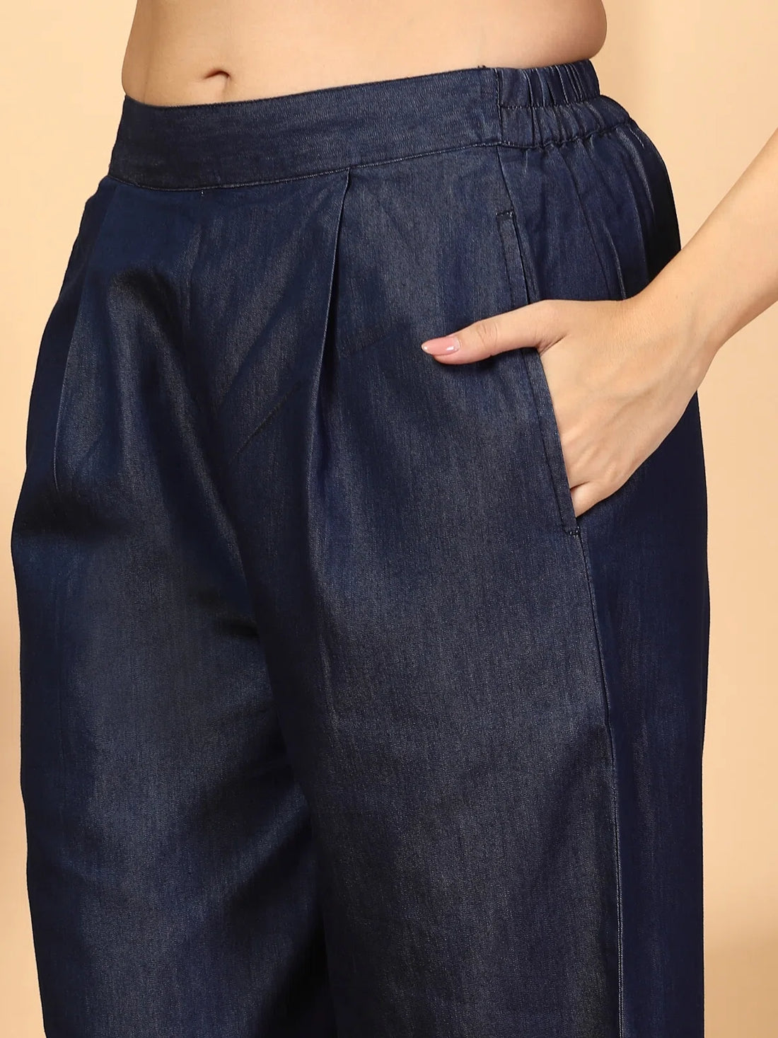 Pure Cotton Solid Blue Shirt Collar Neck Top With Trousers Co-Ords