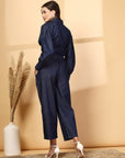 Pure Cotton Solid Blue Shirt Collar Neck Top With Trousers Co-Ords