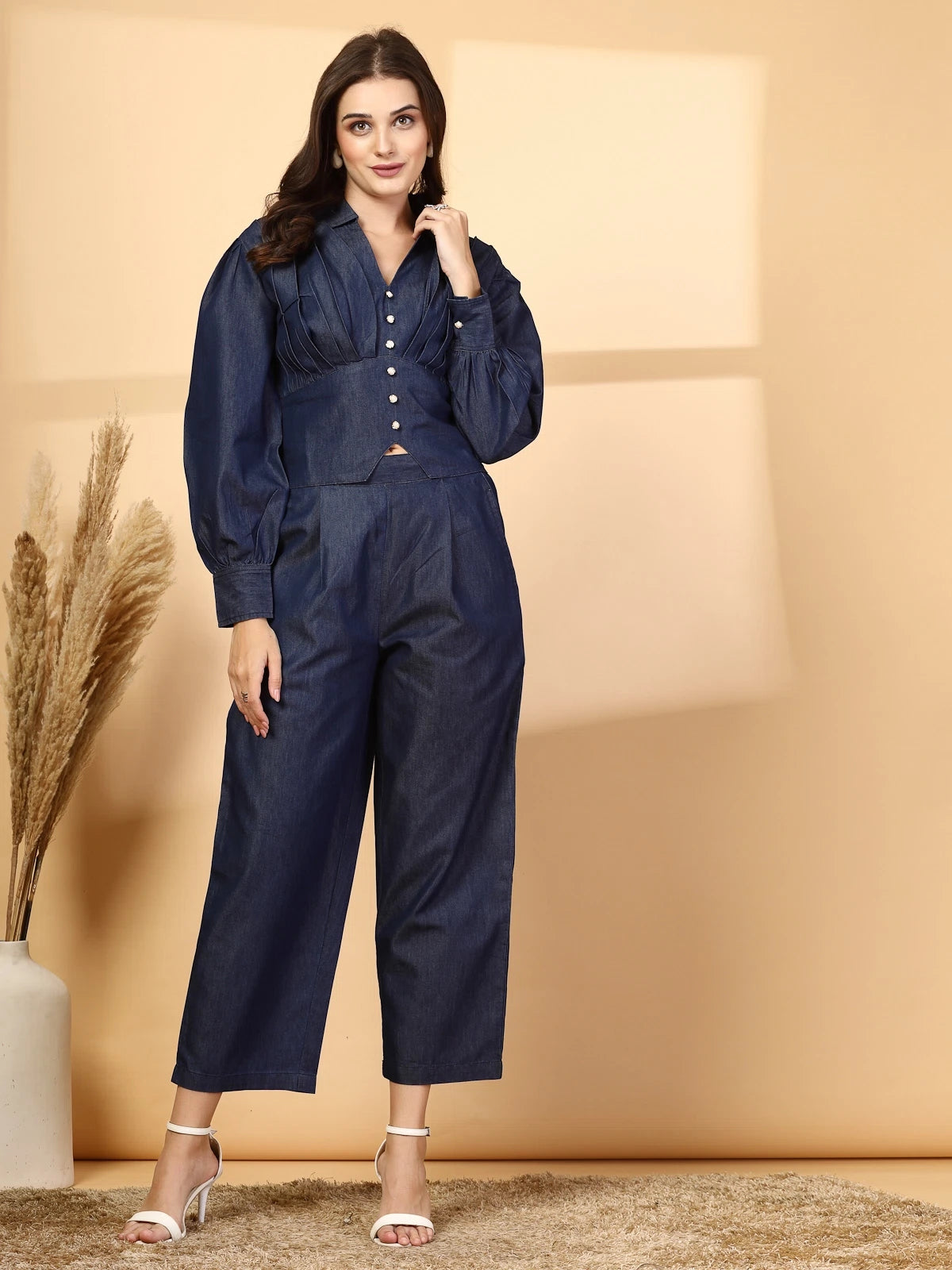 Pure Cotton Solid Blue Shirt Collar Neck Top With Trousers Co-Ords