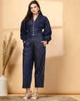 Pure Cotton Solid Blue Shirt Collar Neck Top With Trousers Co-Ords