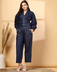 Pure Cotton Solid Blue Shirt Collar Neck Top With Trousers Co-Ords