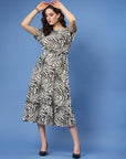 White Abstract Printed Fit  Flare Midi Dress
