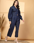 Pure Cotton Solid Blue Shirt Collar Neck Top With Trousers Co-Ords