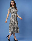 White Abstract Printed Fit  Flare Midi Dress