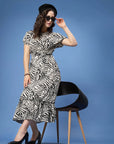 White Abstract Printed Fit  Flare Midi Dress