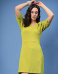 Lime Green V-Neck Puff Sleeves A-Line Mini Dress