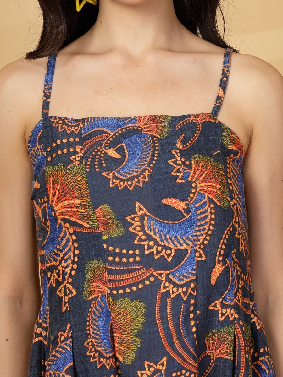 Navy Printed Shoulder Straps Sleeveless Dress