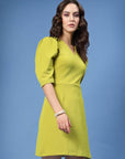 Lime Green V-Neck Puff Sleeves A-Line Mini Dress